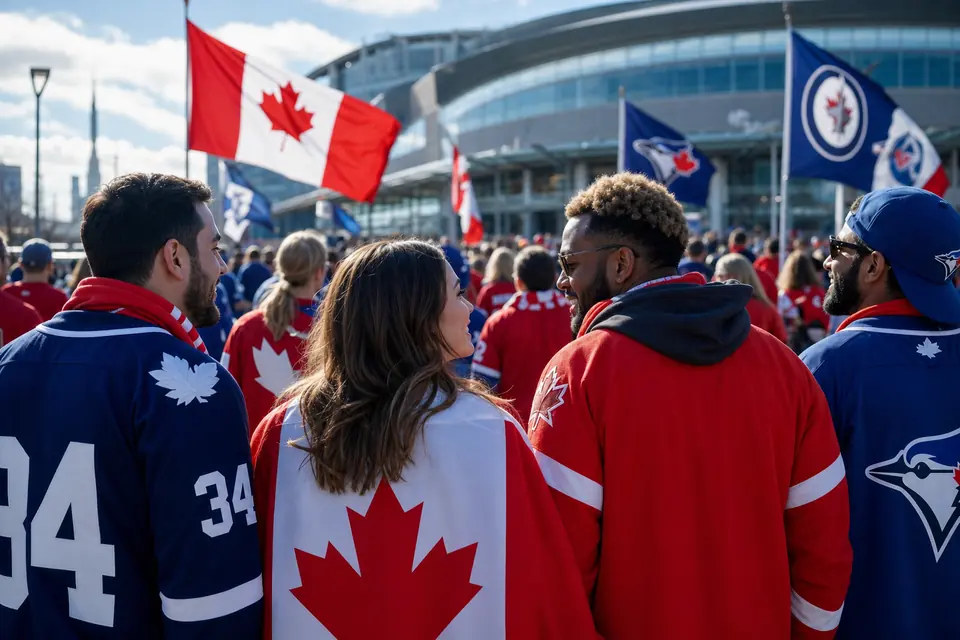 Sports fans travelling to stadium with flags